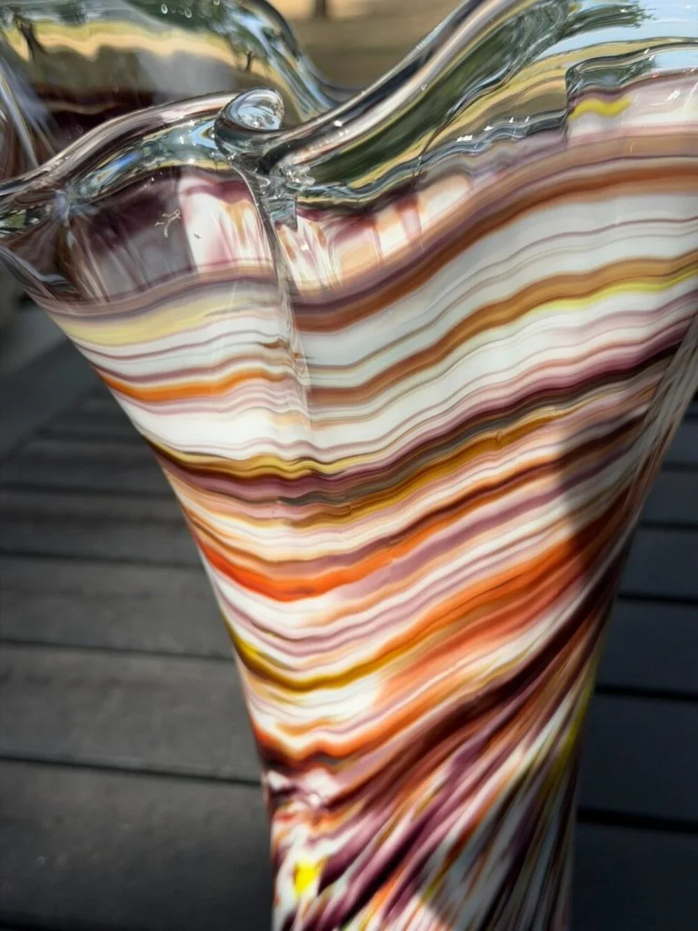 Vintage Murano Style Hand Blown Multicolor Art Glass Ruffled Vase 13.5